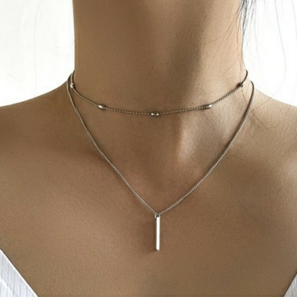 2pc Silver Stacked Chain Long Pendant Necklace - Picture 2 of 5